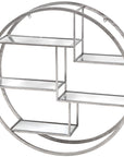 Modern silver metal wall hanging with geometric circular shelves for decor, 92cm wide.by Sostter at brixbailey.com