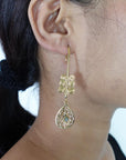 Temple Bloom Filigree Drops- Mandala-Inspired Brass Earrings with Spiral & Gem Detailing.