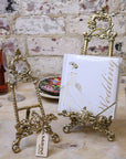 Sabarmati vintage brass display easels, set of 2, luxury handcrafted photo plate card holders, elegant home decor, premium wedding event easel stands by Maravi at brixbailey.com