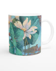 11oz White Ceramic Mug | Coffee Cup with 'Lily Pads' Floral Artwork by American Artist Barbara Cleary