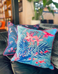 Terquoise tropical watercolour art Cushion 'Jungala' double sided design, made from Vegan friendly Suede
