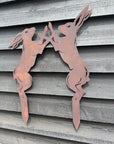 Rusty Metal Boxing Hares Garden Ornament