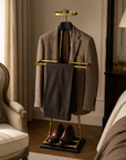 Luxury Dressboy Vintage Brass & Black Leather Valet Suit & Clothes Stand