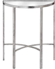 Silver mirrored console table with floating cross beams, modern half-moon design for entryways by RoomLondon at brixbailey.com