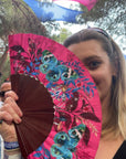 Hot pink 'Fuchsia' silk folding hand fan with butterfly and mushroom painted artwork