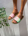 Premium vegan sandals in strawberry pink, white, nude, mint, with ergonomic footbed, slip-resistant sole, fair European fashion by Fünve at brixbailey.com