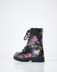 Pink Roses Leather Boots with Side Zipper