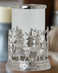 Silver stag hurricane lantern with frosted glass, intricate woodland metalwork in elegant silver finish by sostter at brixbailey.com