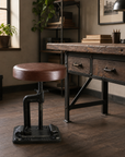 Vice Clamp Adjustable Stool | Cast Iron Industrial Seat | Leather Top