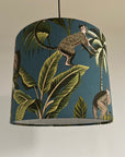 Jungle monkey cotton, in teal, drum lampshade /ceiling shade with a white lining