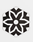 Luxury Fleur porcelain floor and wall tiles, black and white hex pattern, premium anti-slip, indoor outdoor use, stylish kitchen bathroom tiles by Maria Starling Design at brixbailey.com