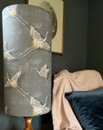 Flying Birds Slate Cotton Lampshade | Extra Tall Cylinder Ceiling Light Shade | Bespoke Handmade UK
