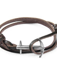 Dark Brown Admiral Anchor Silver and Flat Leather Bracelet