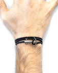 Coal Black Admiral Anchor Silver and Braided Leather Bracelet