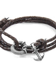 Dark Brown Clyde Anchor Silver and Braided Leather Bracelet