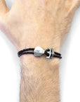 Coal Black Delta Anchor Silver and Braided Leather Bracelet