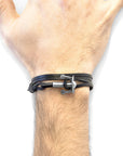 Coal Black Union Anchor Silver and Flat Leather Bracelet