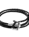 Coal Black Union Anchor Silver and Braided Leather Bracelet