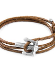 Light Brown Union Anchor Silver and Braided Leather Bracelet