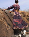 Luxury printed gathered dress, upcycled cotton, elasticated back, side pockets, purple, fair wage handmade, limited edition by Bethikal at brixbailey.com
