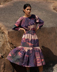 Luxury upcycled cotton printed dress with elasticated back, side pockets, fair trade made in India by Bethikal at brixbailey.com
