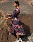 Luxury printed gathered dress with elasticated back, side pockets, upcycled cotton, limited edition, purple, made in India by Bethikal at brixbailey.com