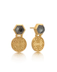 Thea Hexagon Gemstone Stud Earrings with Ornate Coins: Pyrite with Crystal