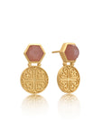 Thea Hexagon Ornate Coins Stud Earrings: Peach Moonstone