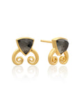 Trillion Doublet and Scroll Studs: Pyrite with Rhodolite Quartz