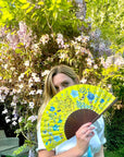 Bright yellow 'Luciferin' silk folding hand fan with flowers and mushroom painted artwork