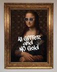 Luxury All Glitter No Gold Mona Lisa Framed Print, premium glamorous artwork, stylish modern twist on classic masterpiece by Zestio at brixbailey.com