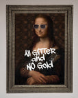Luxury All Glitter No Gold Mona Lisa Framed Print, premium glamorous artwork, stylish modern twist on classic masterpiece by Zestio at brixbailey.com