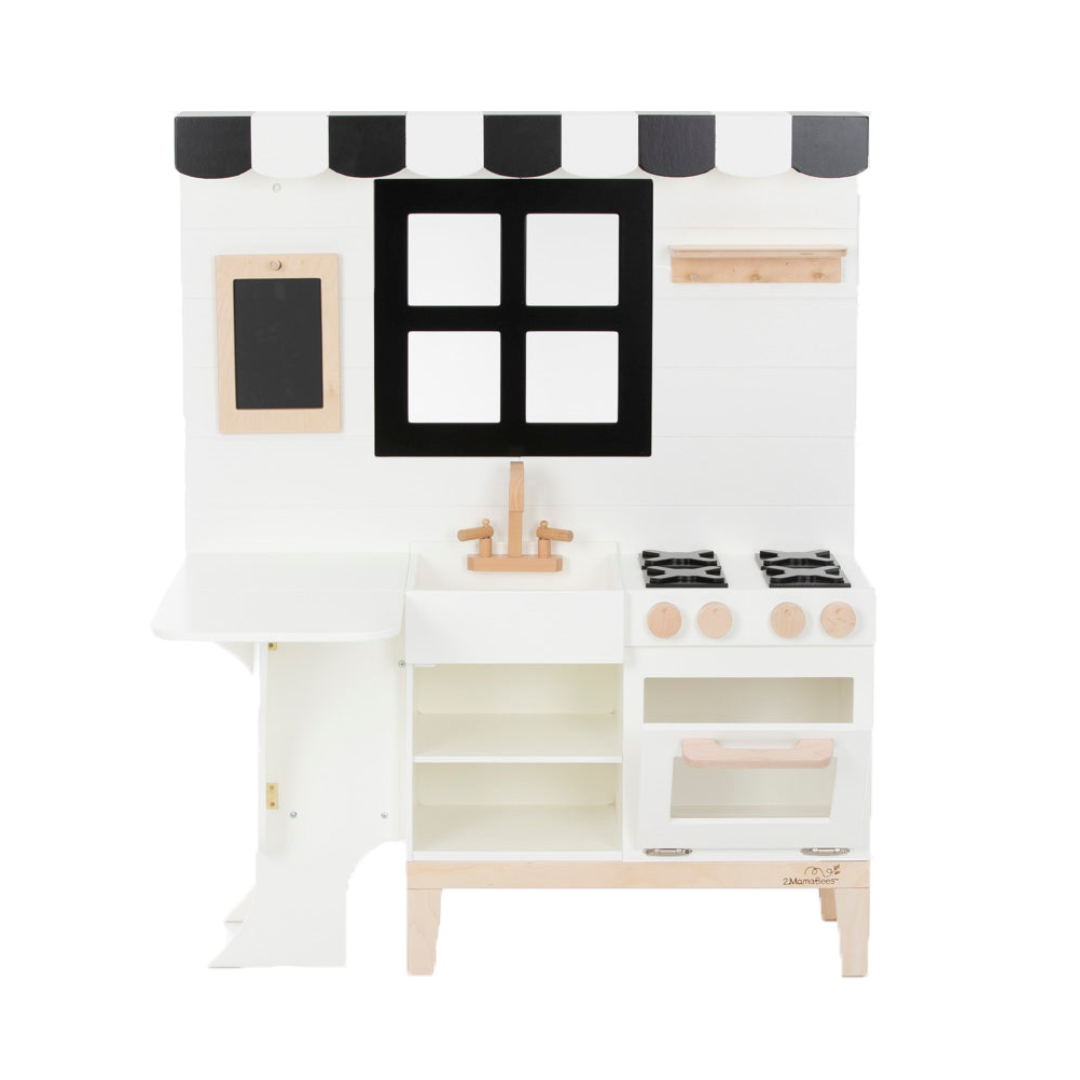 White and black farmhouse play kitchen by 2MamaBees with chalkboard and sensory features at www.brixbailey.com