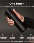 Leak Proof Slim Water Bottle, Stainless Steel, Black, 600ml (20oz)
