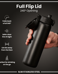 Leak Proof Slim Water Bottle, Stainless Steel, Black, 600ml (20oz)