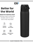 Leak Proof Slim Water Bottle, Stainless Steel, Black, 600ml (20oz)