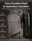 Leak Proof 1 Litre Water Bottle, Stainless Steel, Black, 1L