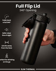 Leak Proof Slim Thermal Steel Water Bottle, Insulated, Black, 500ml (17oz)