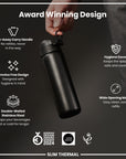 Leak Proof Slim Thermal Steel Water Bottle, Insulated, Black, 500ml (17oz)