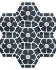Luxury Ella porcelain hexagon tiles, premium floral pattern, black white pink, anti-slip, no sealing, indoor outdoor use, 18.7x21.5x0.8cm by Maria Starling Design at brixbailey.com