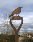 Rusty Metal Blackbird On A Spade Garden Decoration