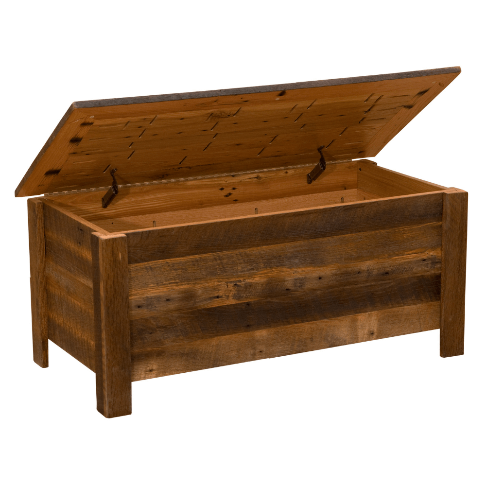 Barnwood blanket chest by Cabinplace made from reclaimed red oak with non-slamming hinges at www.brixbailey.com