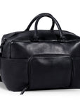 Premium black leather weekender bag, handmade sustainable travel bag with antique brass hardware, spacious compartments, detachable laptop sleeve by Bethikal at brixbailey.com