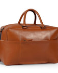 Premium tan leather weekender bag, handmade eco-friendly travel duffle with recycled materials, durable full grain cowhide, antique brass hardware by Bethikal at brixbailey.com