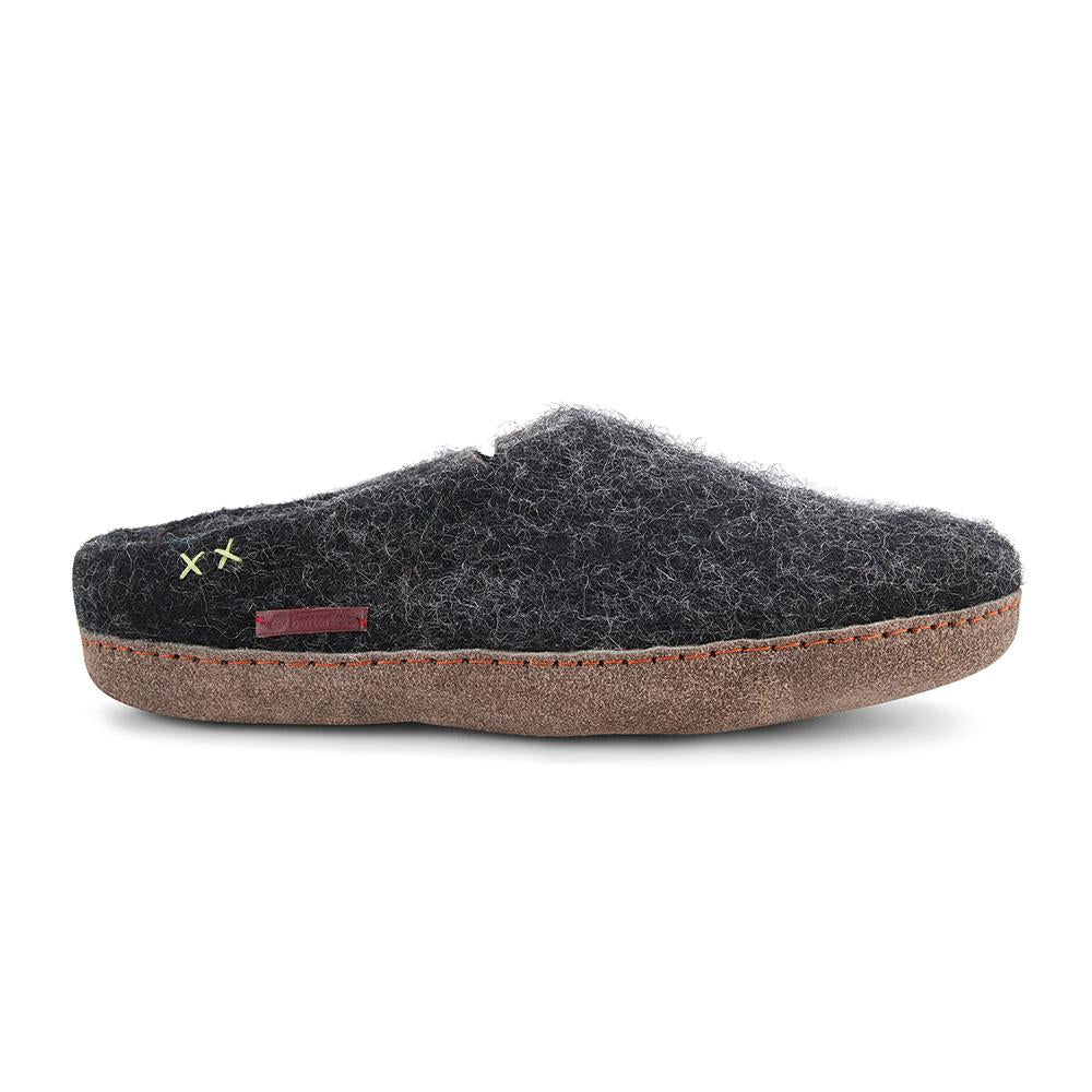 Black wool slipper by Betterfelt with suede sole for indoor use at www.brixbailey.com