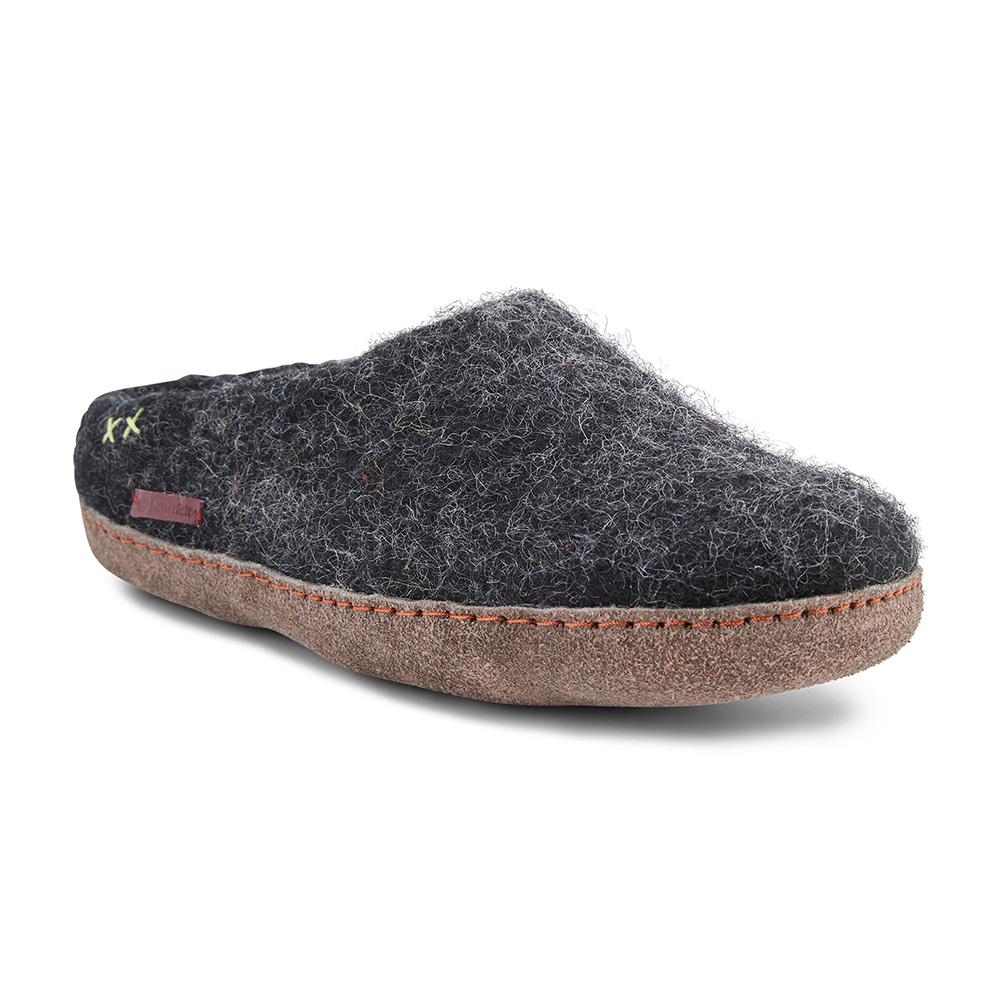 Black wool slipper by Betterfelt with suede leather sole for indoor use at www.brixbailey.com