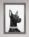 Luxury black Doberman diamond necklace framed poster, stylish premium wall art for dog lovers, elegant home decor by Zestio at brixbailey.com