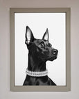Luxury black Doberman diamond necklace framed poster, premium stylish artwork for dog lovers, elegant home decor by Zestio at brixbailey.com