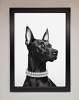 Luxury black Doberman diamond necklace framed poster, premium stylish artwork for dog lovers, elegant home decor by Zestio at brixbailey.com