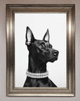Luxury black Doberman diamond necklace framed poster, stylish dog lover art, premium home decor, best-selling elegant wall art by Zestio at brixbailey.com